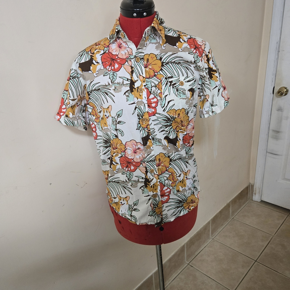 Hot Topic Men's Tropical Corgi Print Shirt (M)